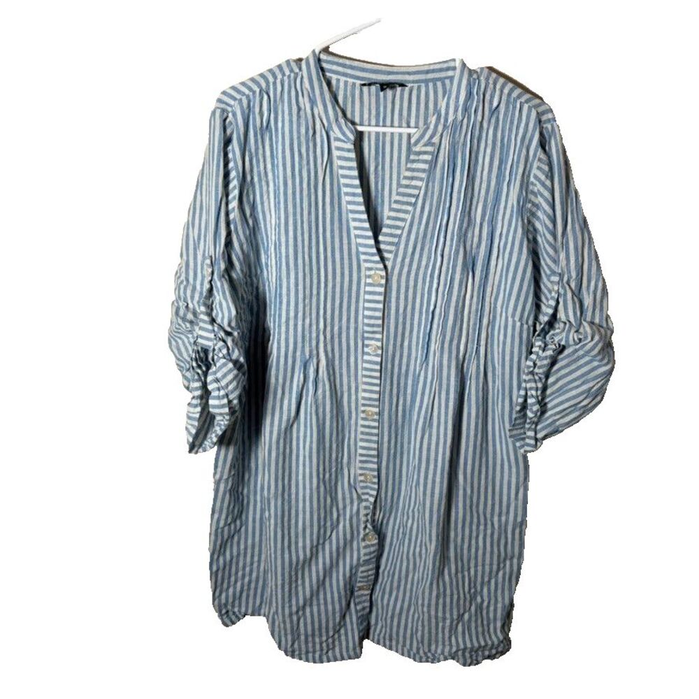 Club Z Collection Dress Women's 1X Blue Striped Button Up 3/4 Sleeve Top Shirt